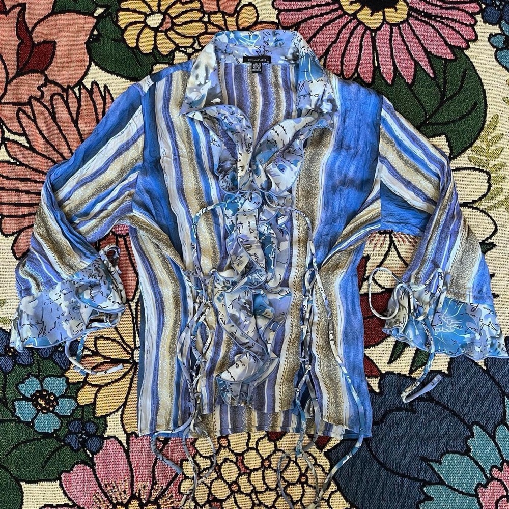Y2K Blue Ruffled Striped Blouse - Picture 4 of 13